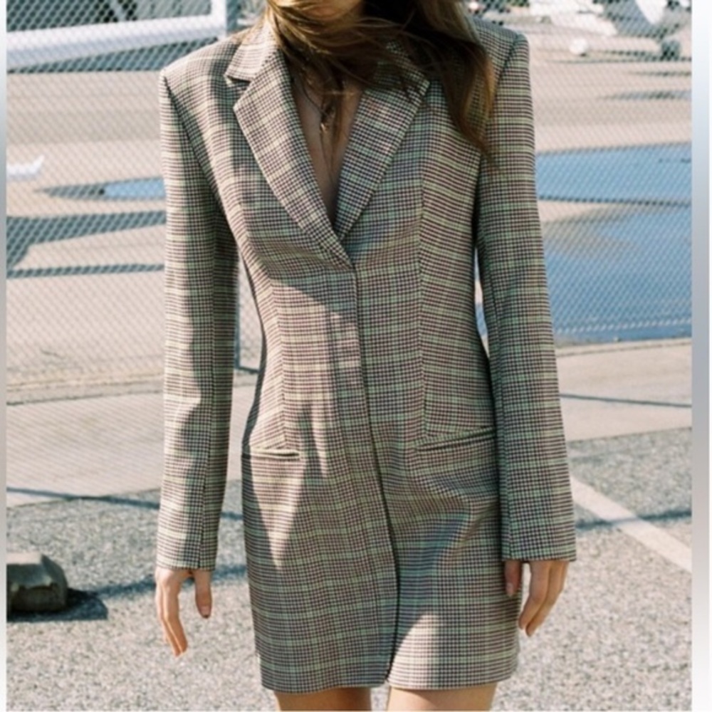 ZARA Plaid Blazer Dress Green Gray  houndstooth plaid Small
